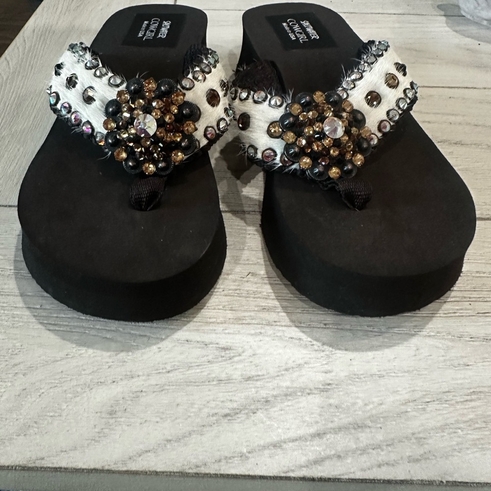 Embellished Black & White Beaded Thong Sandals